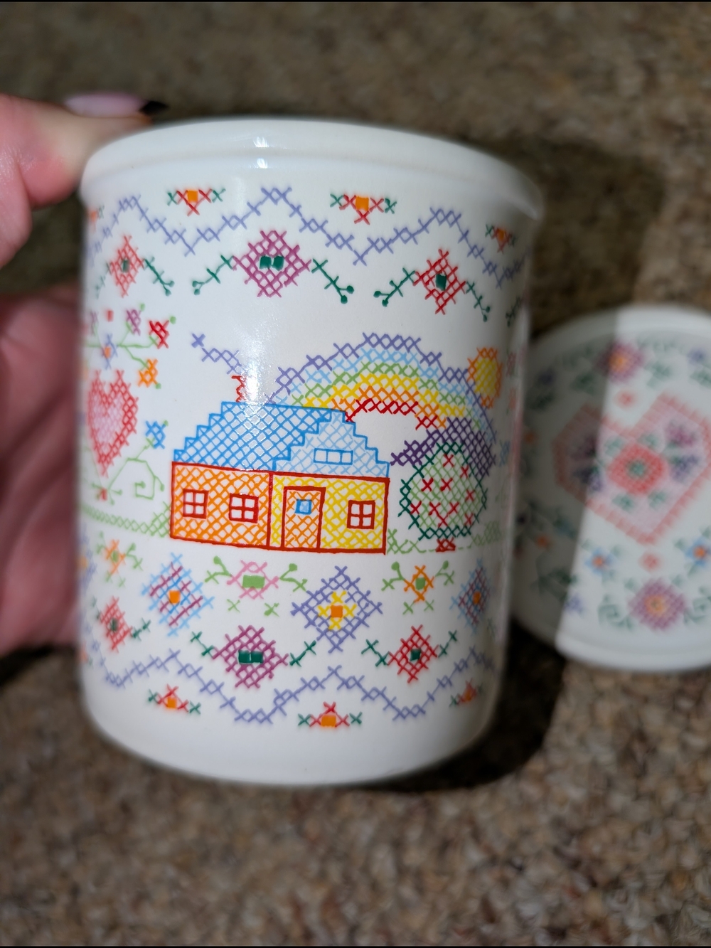 Vtg 1986 Current Inc Cross Stitch Mug and Lid Coaster Japan Cottagecore